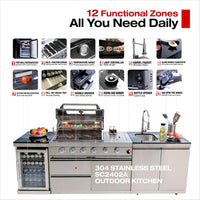 Outdoor Kitchen Island Built for Backyard Cooking, 104 Inch Modular Design, Gas Grill with Sink, Refrigerator