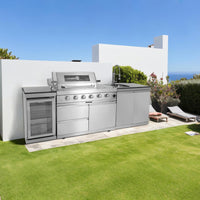 Outdoor Kitchen Island Built for Backyard Cooking, 104 Inch Modular Design, Gas Grill with Sink, Refrigerator