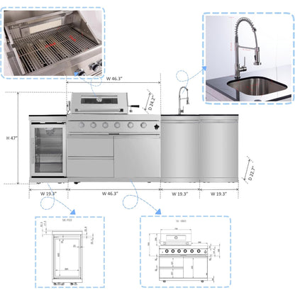 104-Inch Modular Outdoor Kitchen Island with Gas Grill, Sink, Beverage Refrigerator & Rotisserie – 72,000 BTU | Oak Forge