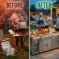 Outdoor Kitchen Island 85" 6-Burner 85000 BTU Deluxe Modular BBQ Island - Grill Islands W/Wine Cooler, Built in Combo outside Island + Rotisserie & Granite Top Outdoor Grill — Before & After