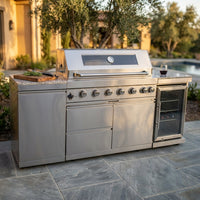 Outdoor Kitchen Island 85" 6-Burner 85000 BTU Deluxe Modular BBQ Island - Grill Islands W/Wine Cooler, Built in Combo outside Island + Rotisserie & Granite Top Outdoor Grill — Studio Shot