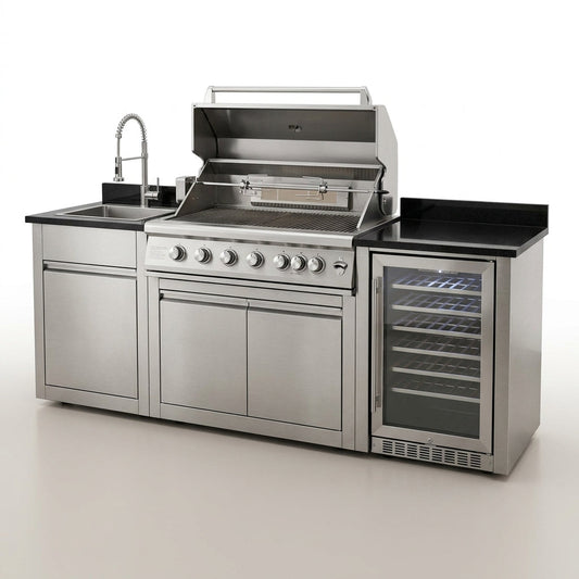 Outdoor Kitchen Island 85" 6-Burner 85000 BTU Deluxe Modular BBQ Island - Grill Islands W/Wine Cooler, Built in Combo outside Island + Rotisserie & Granite Top Outdoor Grill — Studio Shot