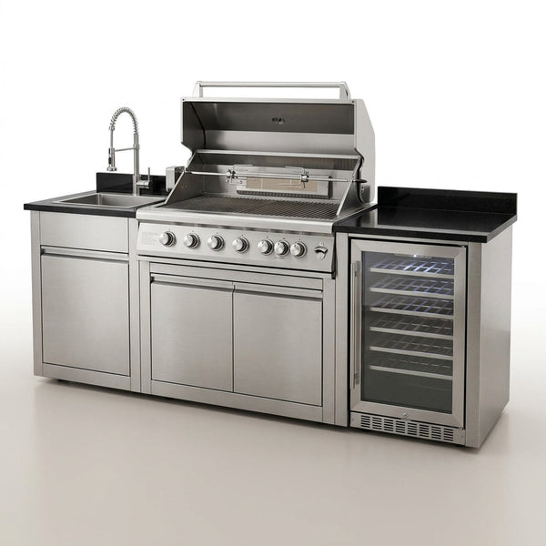 Outdoor Kitchen Island 85" 6-Burner 85000 BTU Deluxe Modular BBQ Island - Grill Islands W/Wine Cooler, Built in Combo outside Island + Rotisserie & Granite Top Outdoor Grill — Studio Shot