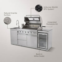 Outdoor Kitchen Island 85" 6-Burner 85000 BTU Deluxe Modular BBQ Island - Grill Islands W/Wine Cooler, Built in Combo outside Island + Rotisserie & Granite Top Outdoor Grill — infographic