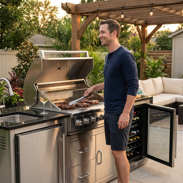 Outdoor Kitchen Island Built for Large Entertaining, 85000 BTU 6-Burner, Wine Cooler, Granite Top, 85 Inch