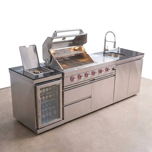 Outdoor Kitchen Island Built for Backyard Cooking, 104 Inch Modular Design, Gas Grill with Sink, Refrigerator — Studio Shot