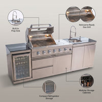 Outdoor Kitchen Island Built for Backyard Cooking, 104 Inch Modular Design, Gas Grill with Sink, Refrigerator — infographic