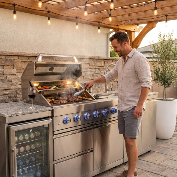 Outdoor Kitchen Island Built for Backyard Cooking, 104 Inch Modular Design, Gas Grill with Sink, Refrigerator