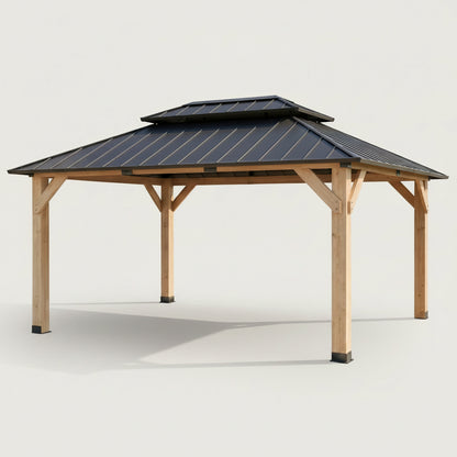 12' X 16' Wooden Gazebo,Patio Hardtop Gazebo Wood,Diy Color Permanent Pavilion with Galvanized Steel Double Metal Roof for Backyard, Deck(Windproof, Snow-Load Bearing, Waterproof, Rustproof)