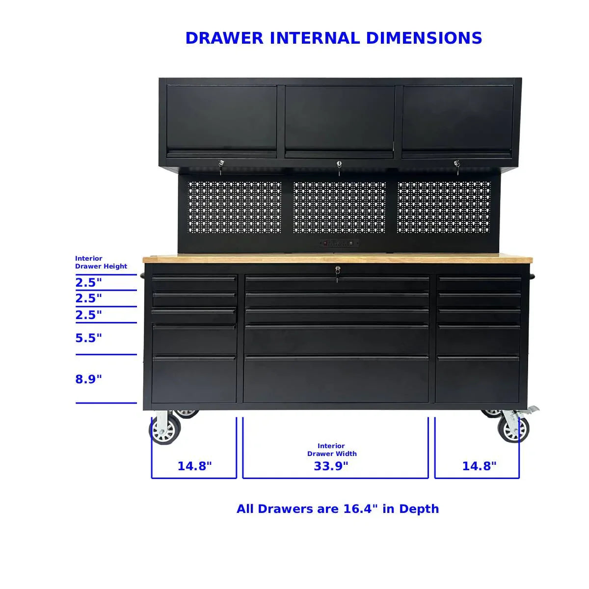 72-Inch Heavy-Duty Rolling Garage Workstation with 15 Drawers & Overhead Storage | Oak Forge